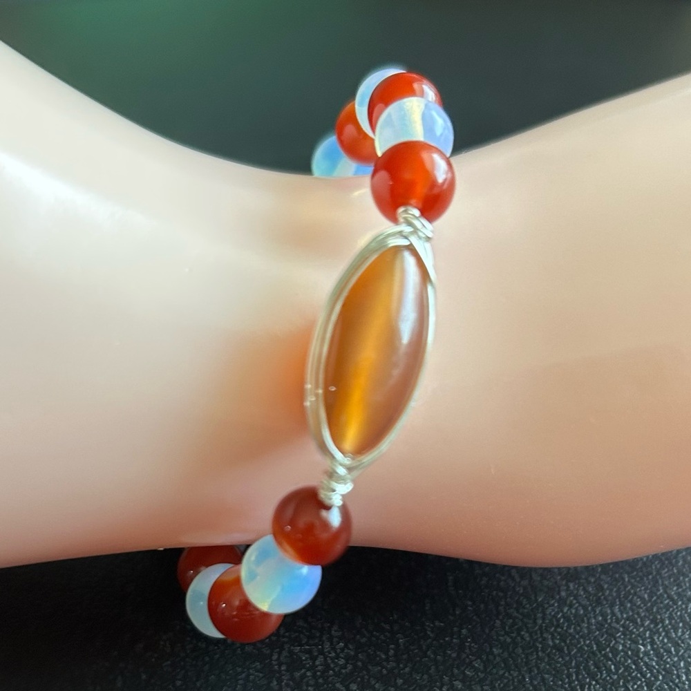 Set. Elegant natural stones Red agate and Opallite set Bracelet and earrings.New